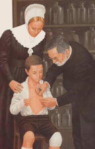 Pasteur delivering first rabies inoculation to Joseph Meister