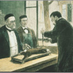 Louis Pasteur experimenting on a rabbit