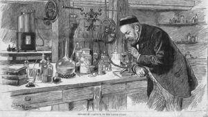 Louis Pasteur in his workshop with microscope