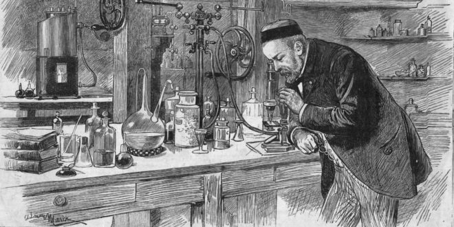 Louis Pasteur in his workshop with microscope
