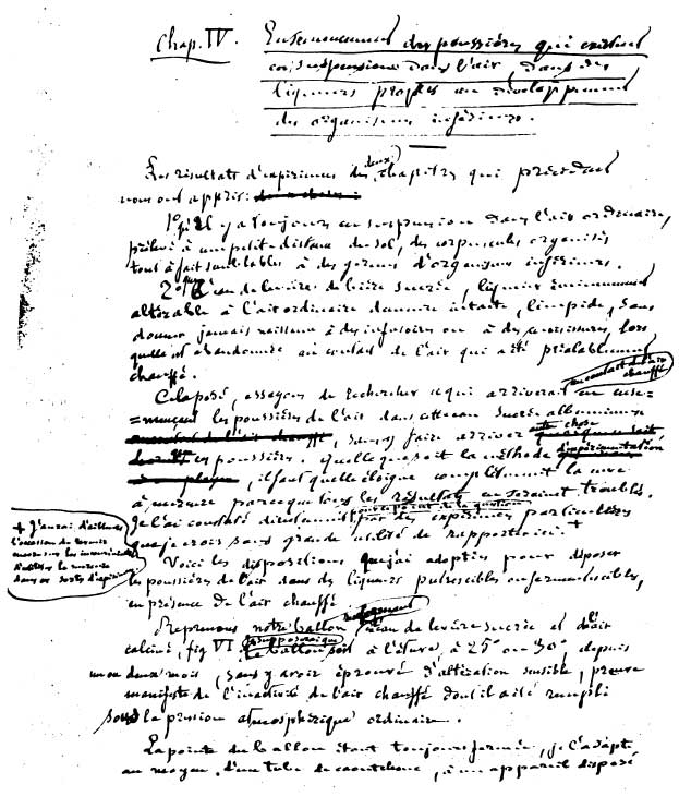 Page from Pasteur's original manuscript on Spontaneous Generation