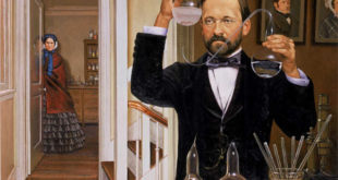 Pasteur conducting germ theory experiment in his laboratory