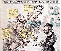 Satirical cartoon drawing of Pasteur and rabies vaccine